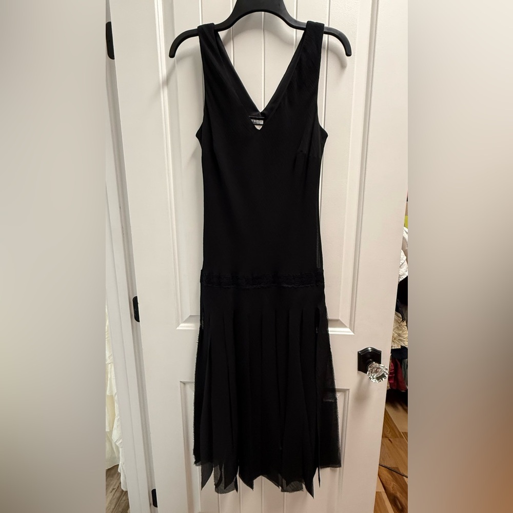 Believe V-Neck Black Dress With Fringe Detail And Lace Accent Size 6 Vintage